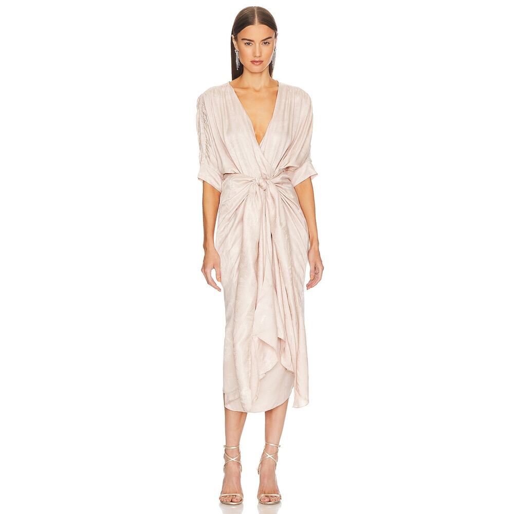 Callahan Sami Midi Dress Blush Cream V-Neck Wrap Tie Sheen Leaf Print Sz M